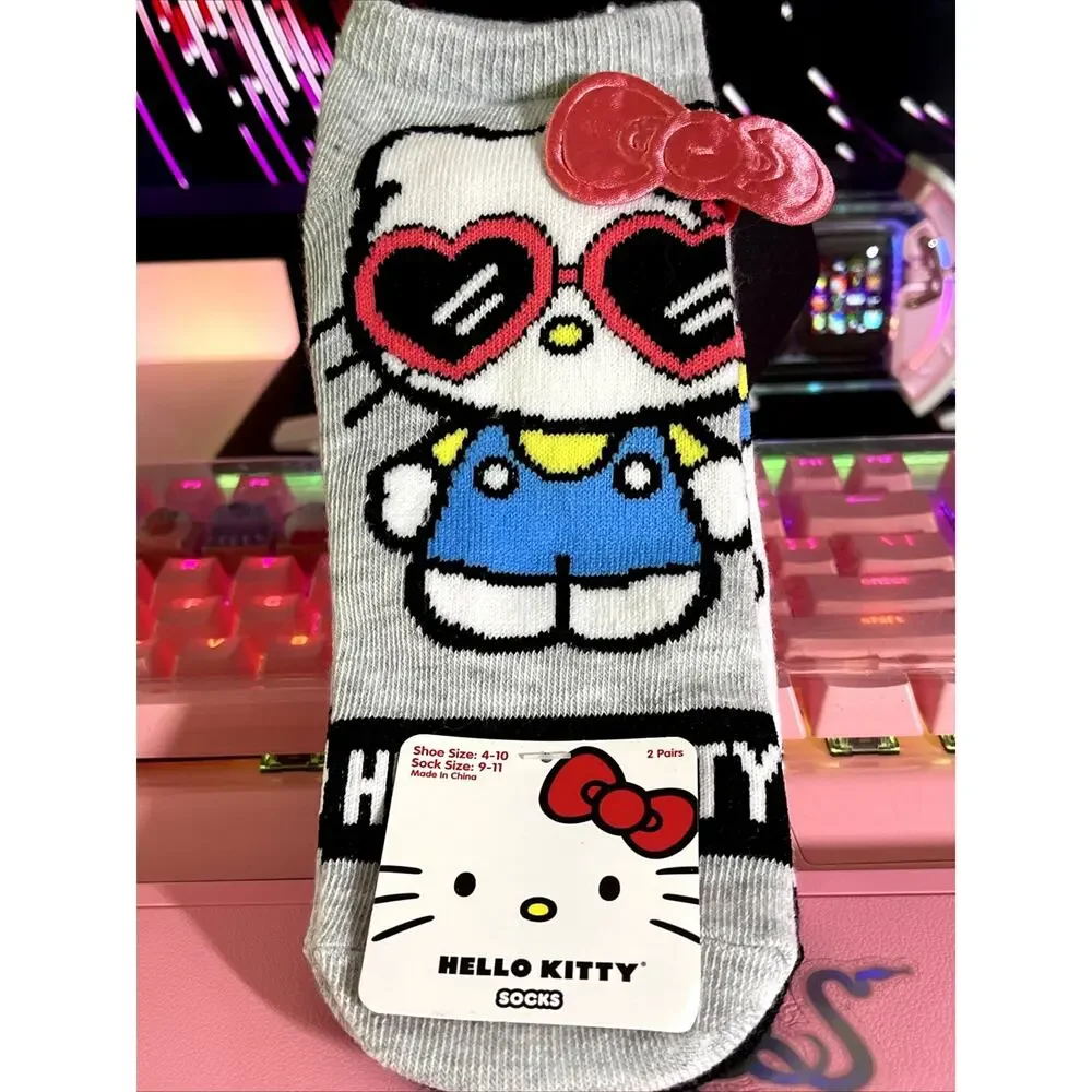 Hello Kitty 2 Pack Pair No Show Socks Gray Rainbow Pink 2024 Sanrio Bow Glasses